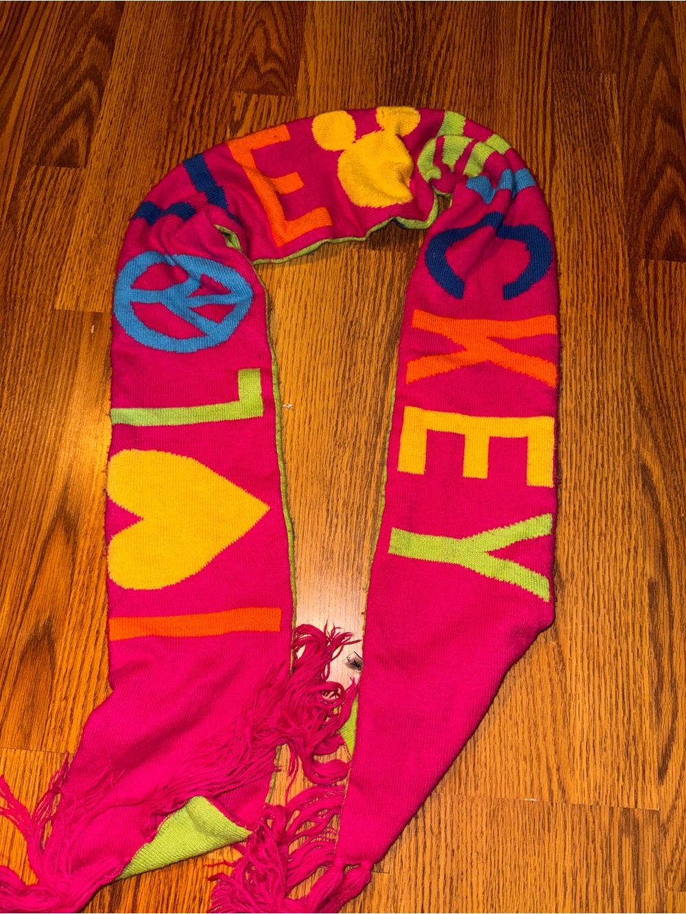 Colorful Hot Pink Graphic Knit Scarf with Multicolor Icons